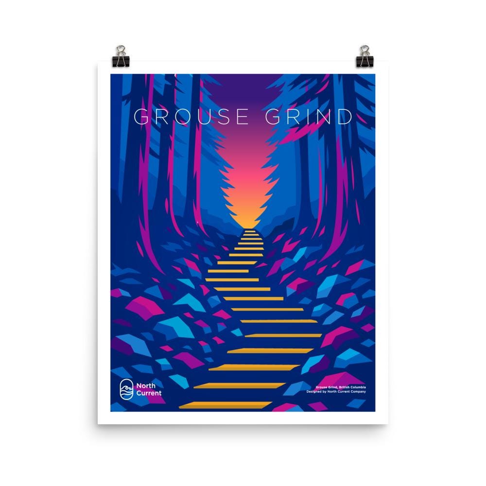 Grouse Grind 1990s Travel Poster – Bold Canadian West Print, Neon Retro Design | 12x16, 16x20, 18x24, 24x36 Wall Art
