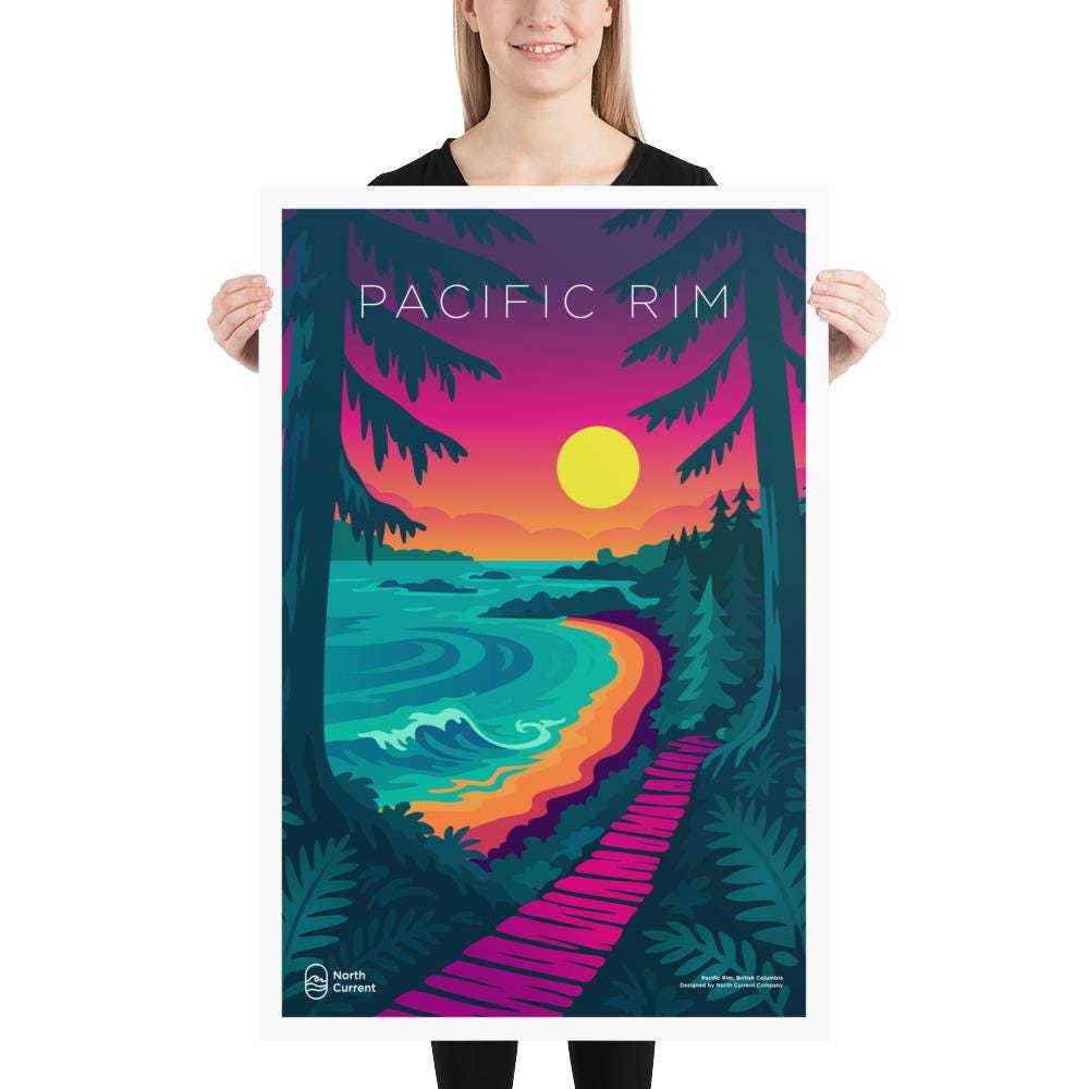 Pacific Rim 1990s Travel Poster – Bold Canadian West Print, Neon Retro Design | 12x16, 16x20, 18x24, 24x36 Wall Art
