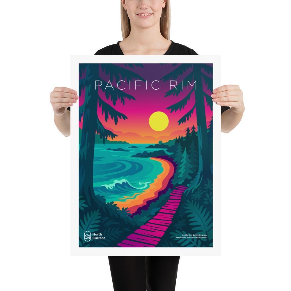 Pacific Rim 1990s Travel Poster – Bold Canadian West Print, Neon Retro Design | 12x16, 16x20, 18x24, 24x36 Wall Art