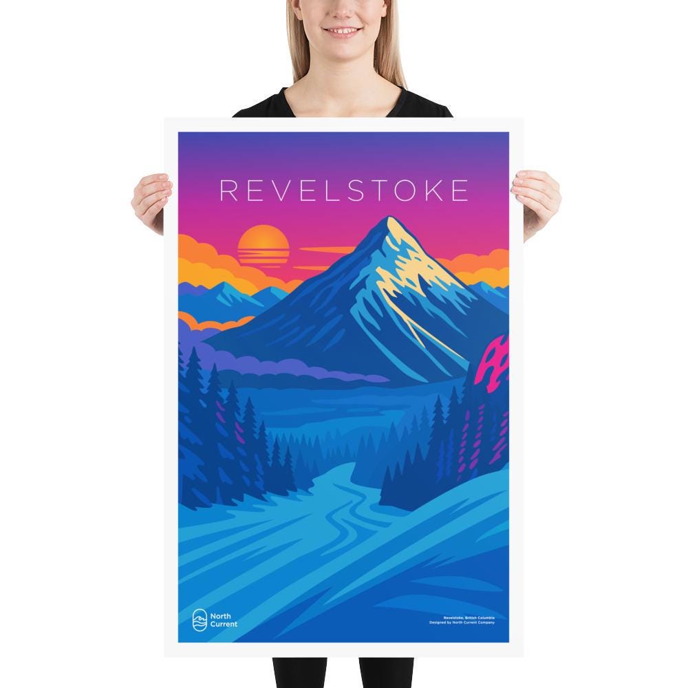 Revelstoke 1990s Travel Poster – Bold Canadian West Print, Neon Retro Design | 12x16, 16x20, 18x24, 24x36 Wall Art