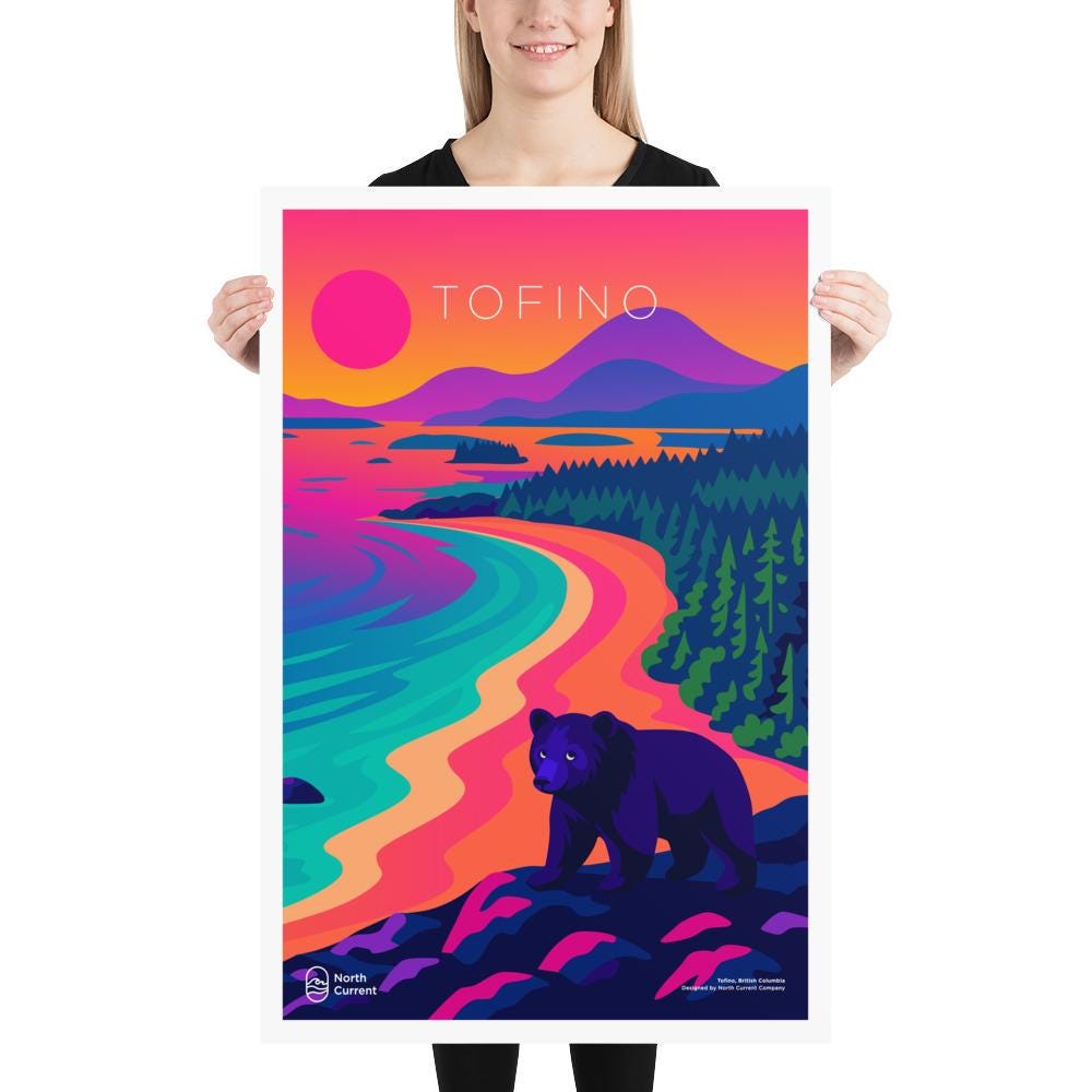 Tofino 1990s Travel Poster – Bold Canadian West Print, Neon Retro Design | 12x16, 16x20, 18x24, 24x36 Wall Art