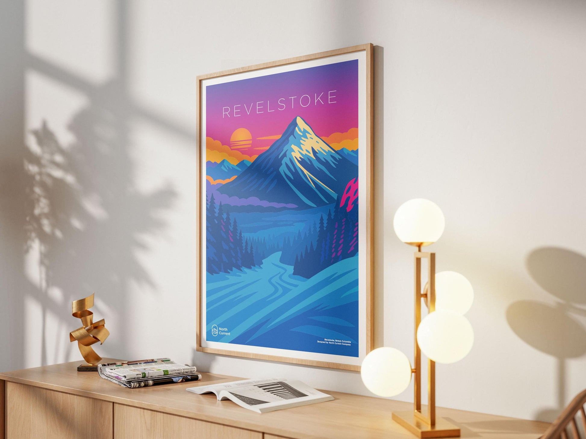 Revelstoke Travel Poster – Retro Canadian West, Neon Mountain Art