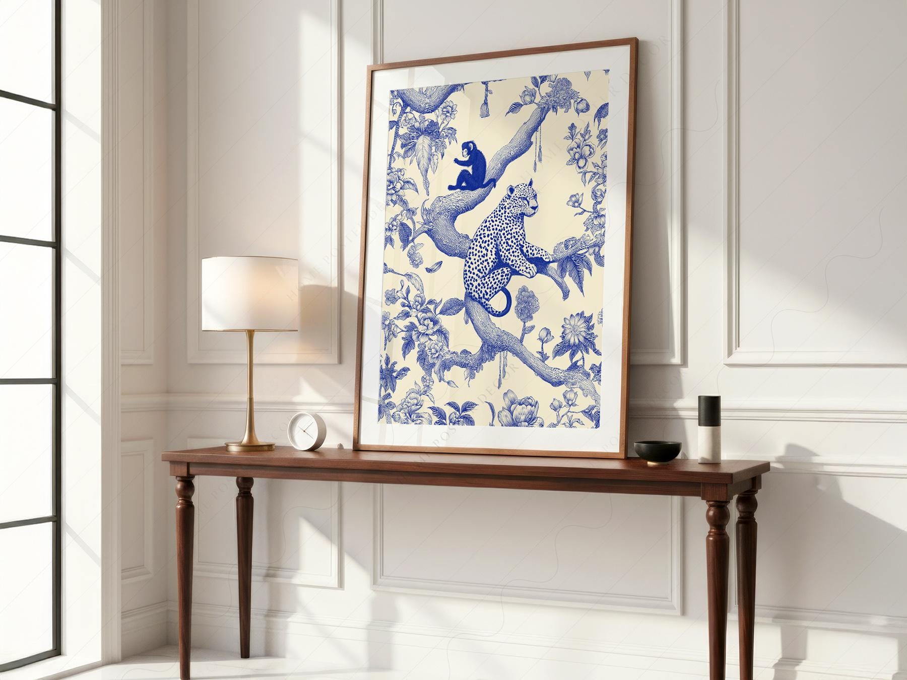Chinoiserie Leopard & Monkey Art Print – Blue White Botanical Wall Decor