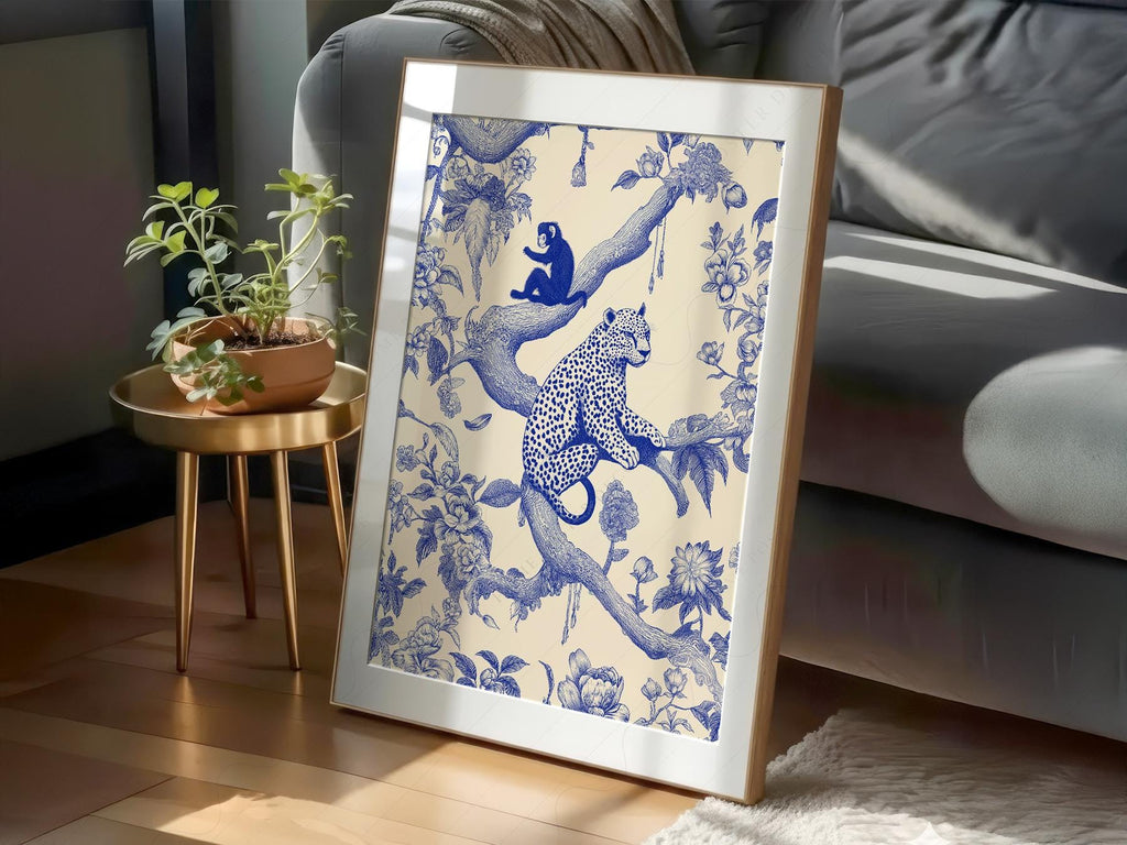 Chinoiserie Leopard & Monkey Art Print – Blue White Botanical Wall Decor