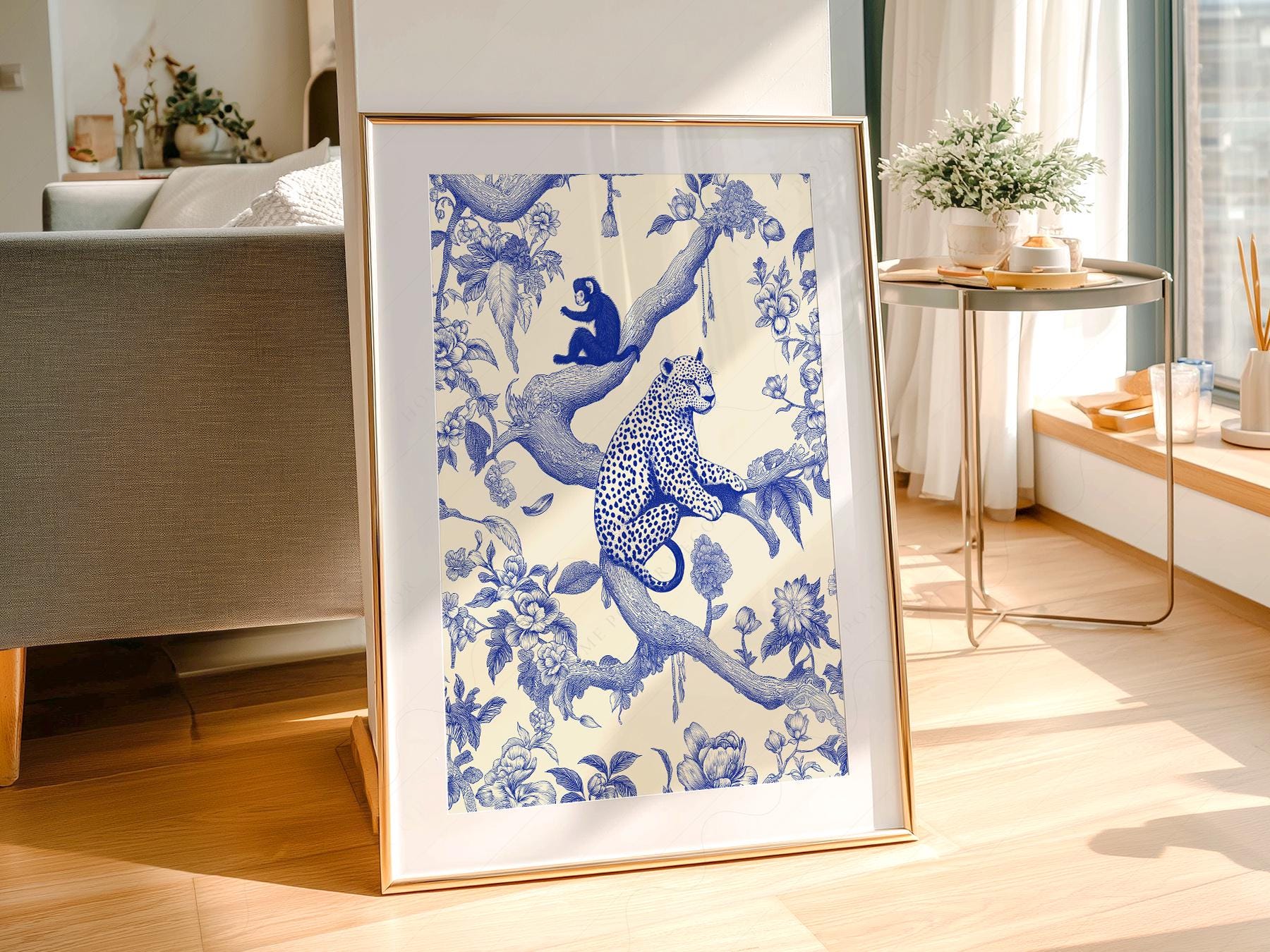 Chinoiserie Leopard & Monkey Art Print – Blue White Botanical Wall Decor