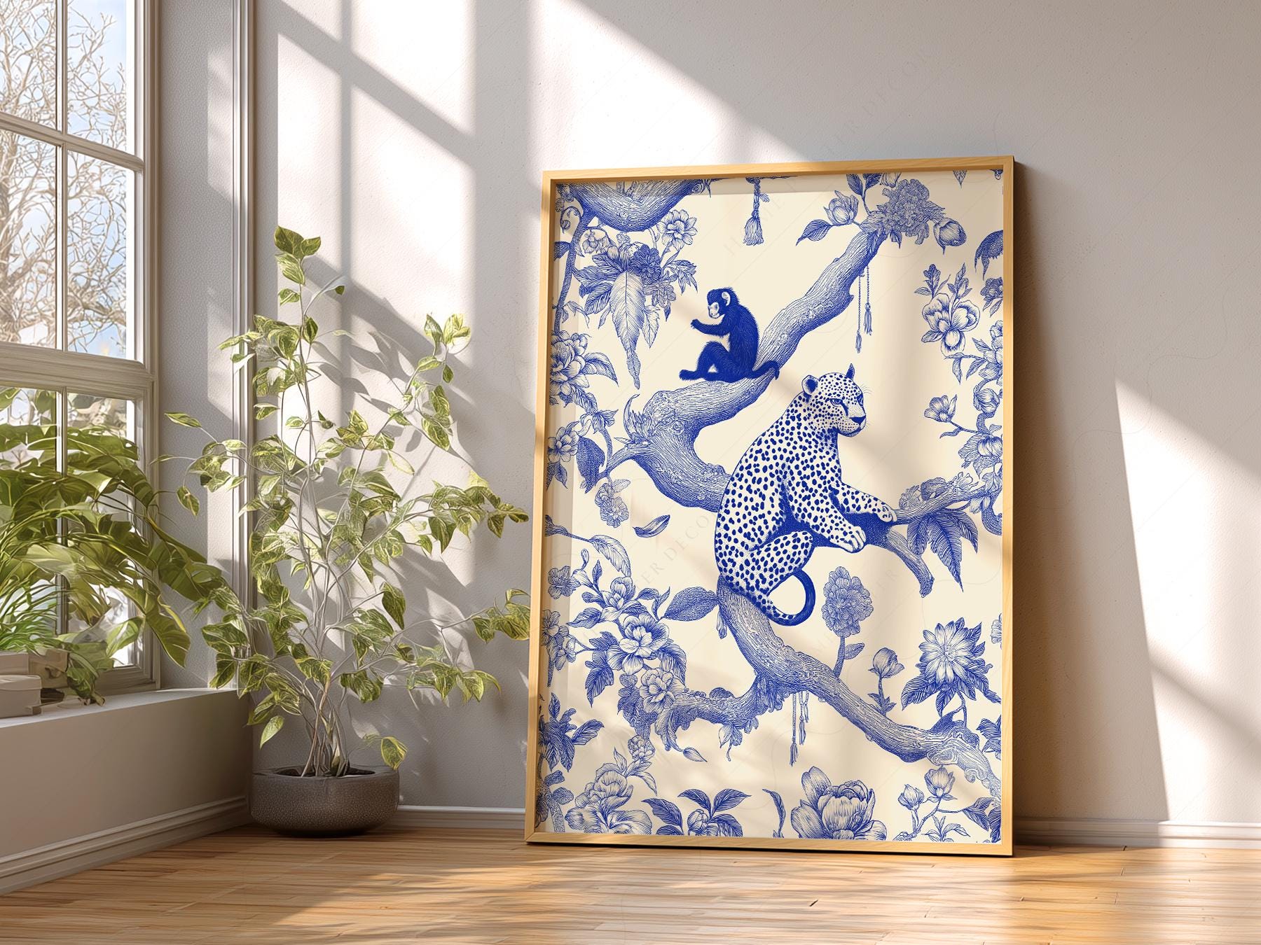 Chinoiserie Leopard & Monkey Art Print – Blue White Botanical Wall Decor