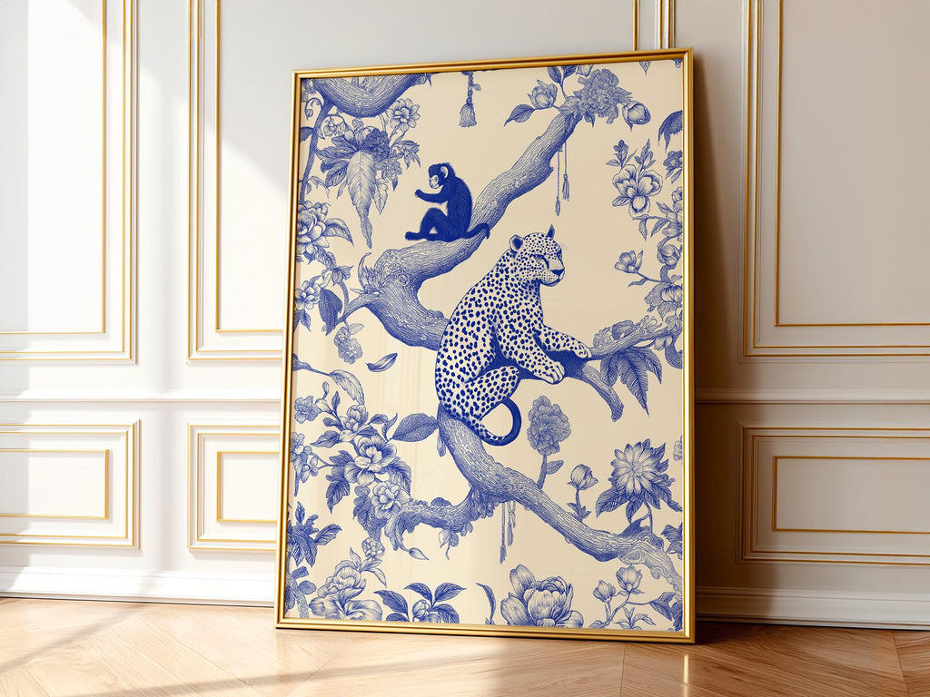 Chinoiserie Leopard & Monkey Art Print – Blue White Botanical Wall Decor