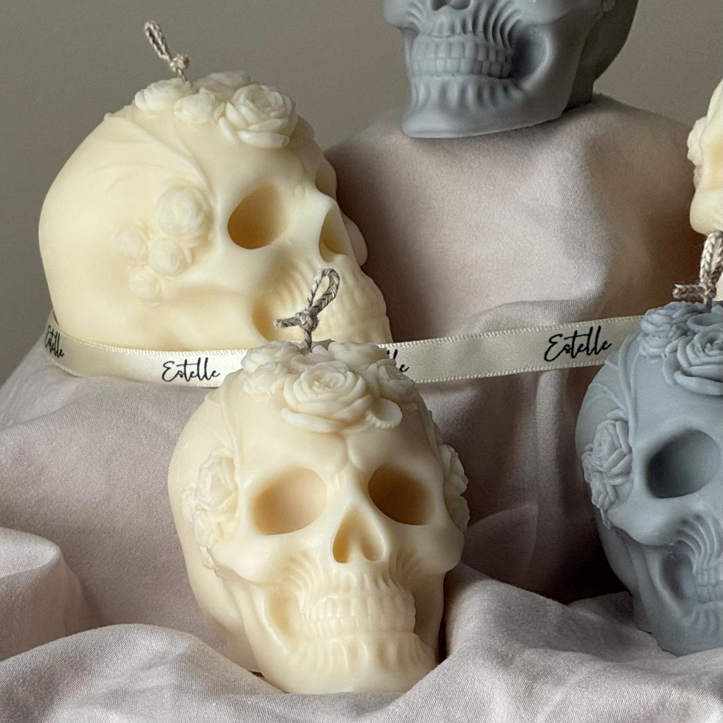 Handmade Halloween Flowers Skull Candle: Spooky Soy Wax Home Decor