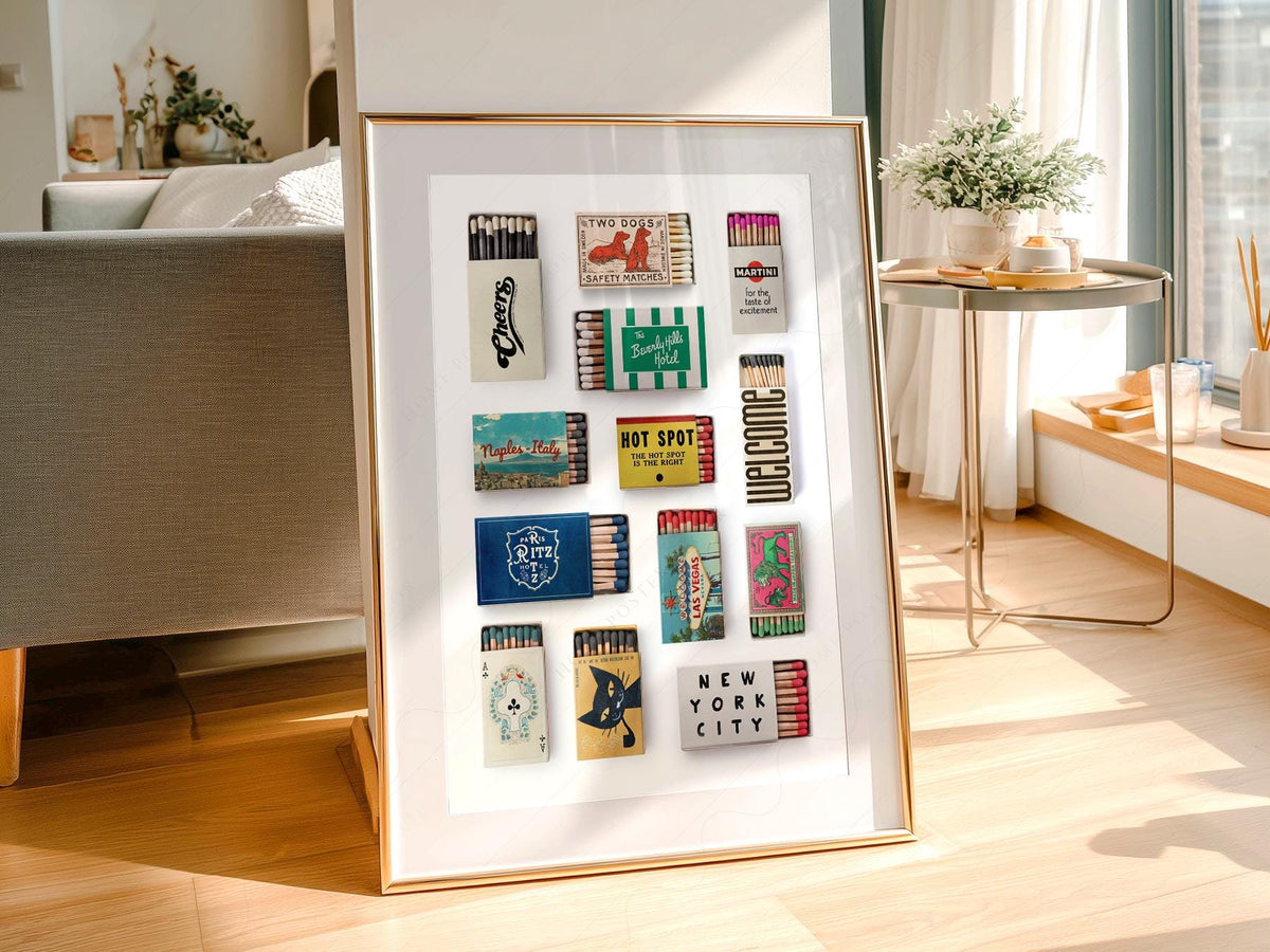 Vintage Matchbox Collection Print – Retro Travel Wall Art Poster