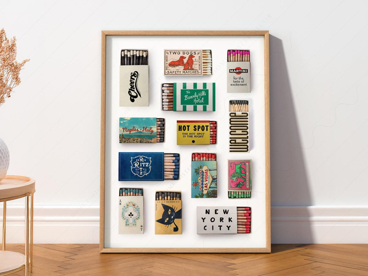 Vintage Matchbox Collection Print – Retro Travel Wall Art Poster