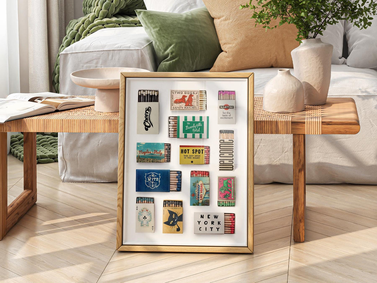 Vintage Matchbox Collection Print – Retro Travel Wall Art Poster