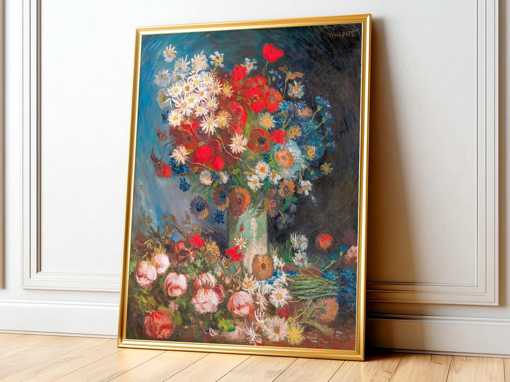 Van Gogh Vase with Poppies and Daisies Art Print – Famous Painting Poster