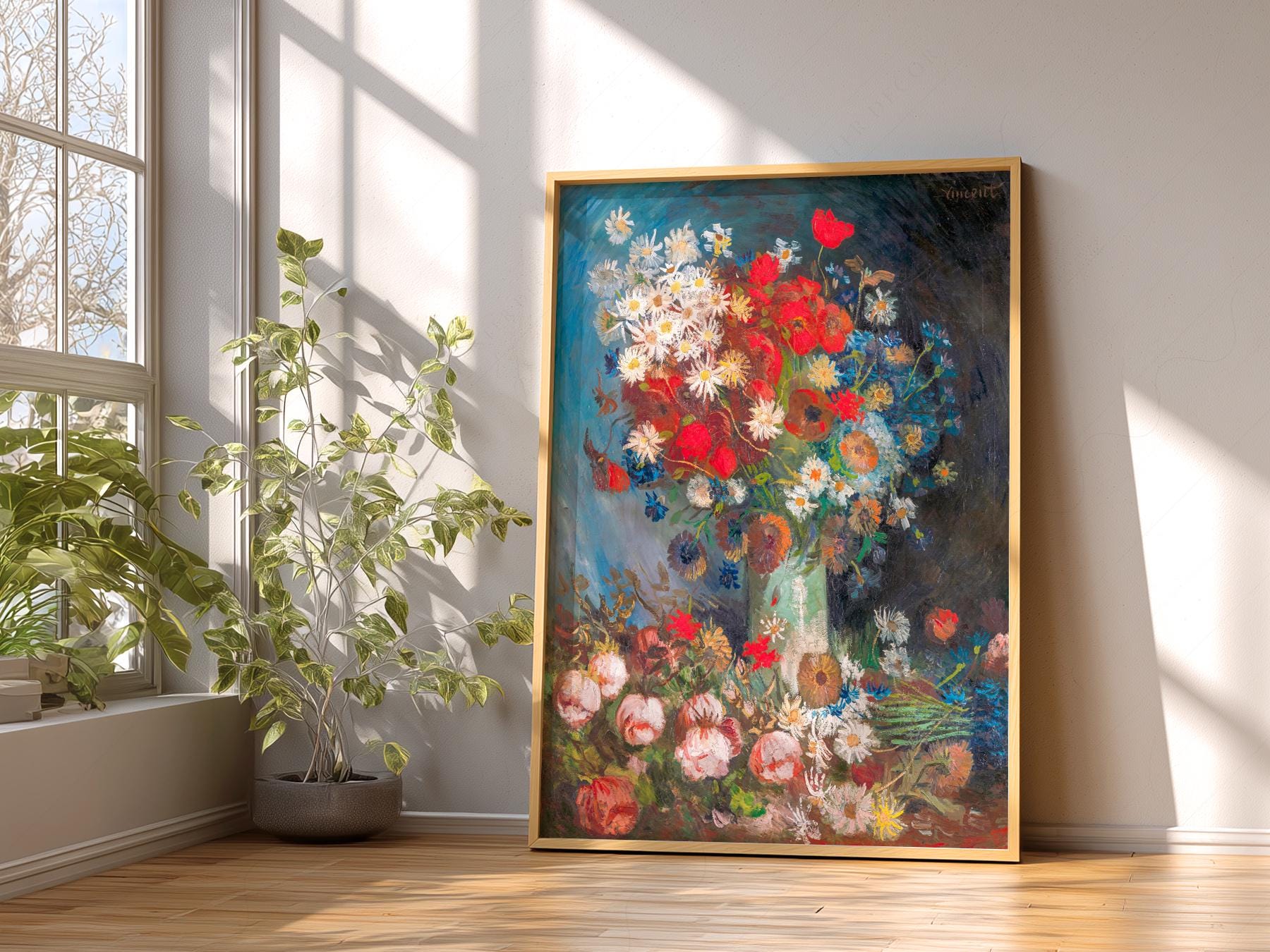 Van Gogh Vase with Poppies and Daisies Art Print – Famous Painting Poster