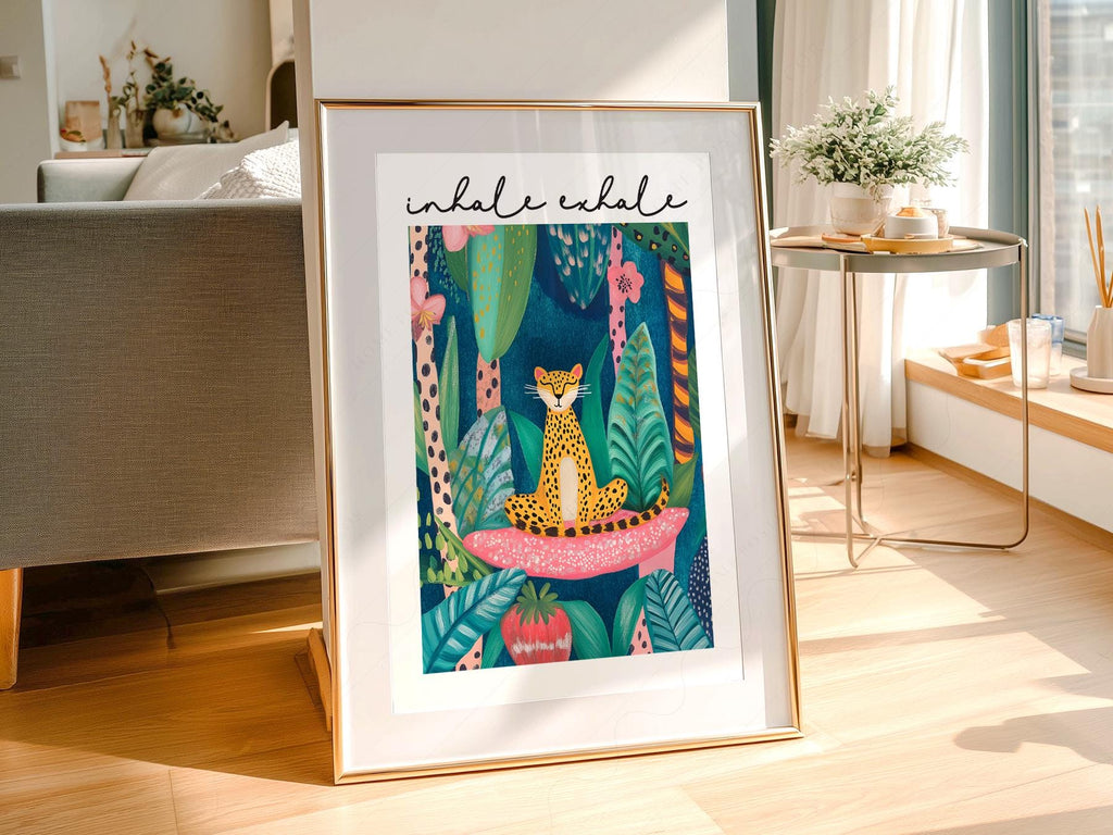 Inhale Exhale Cheetah Art Print – Maximalist Jungle Zen Wall Decor