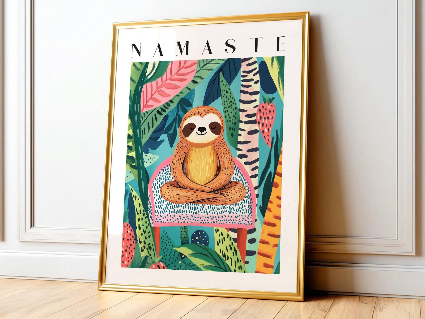 Namaste Sloth Art Print – Tropical Jungle Wall Art Dopamine Decor