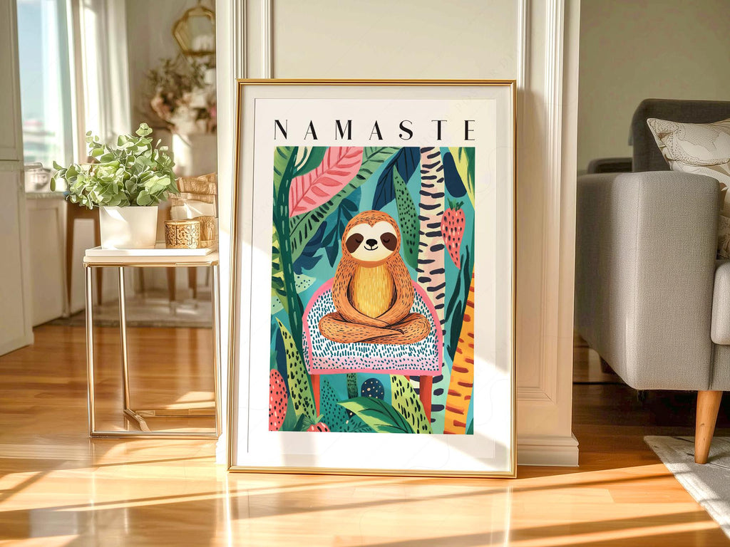 Namaste Sloth Art Print – Tropical Jungle Wall Art Dopamine Decor