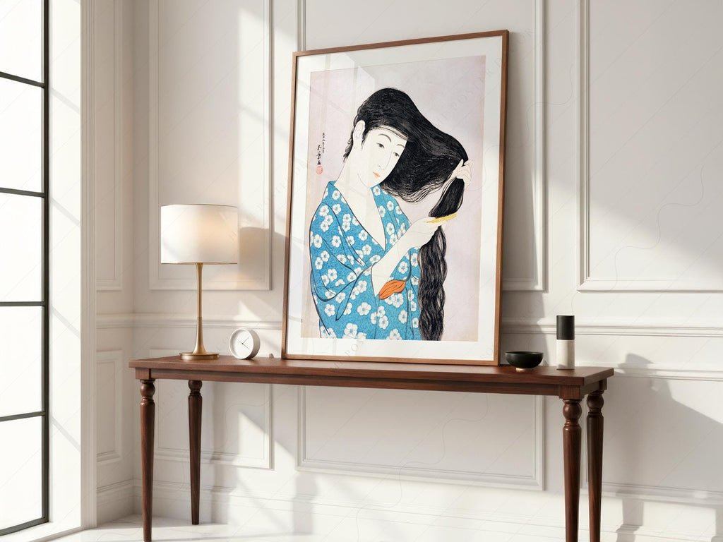 Hashiguchi Goyo Woman Combing Hair Print – Japanese Woodblock Wall Art