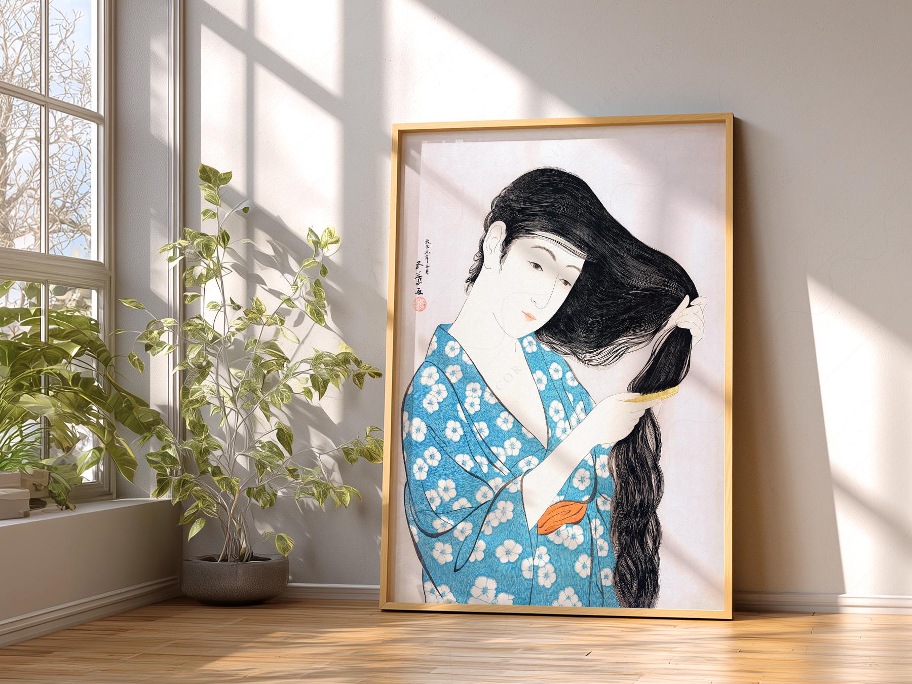 Hashiguchi Goyo Woman Combing Hair Print – Japanese Woodblock Wall Art
