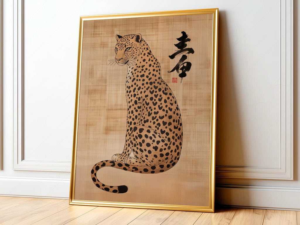 Japanese Leopard Sumi-e Art Print – Asian Ink Painting Zen Wall Decor