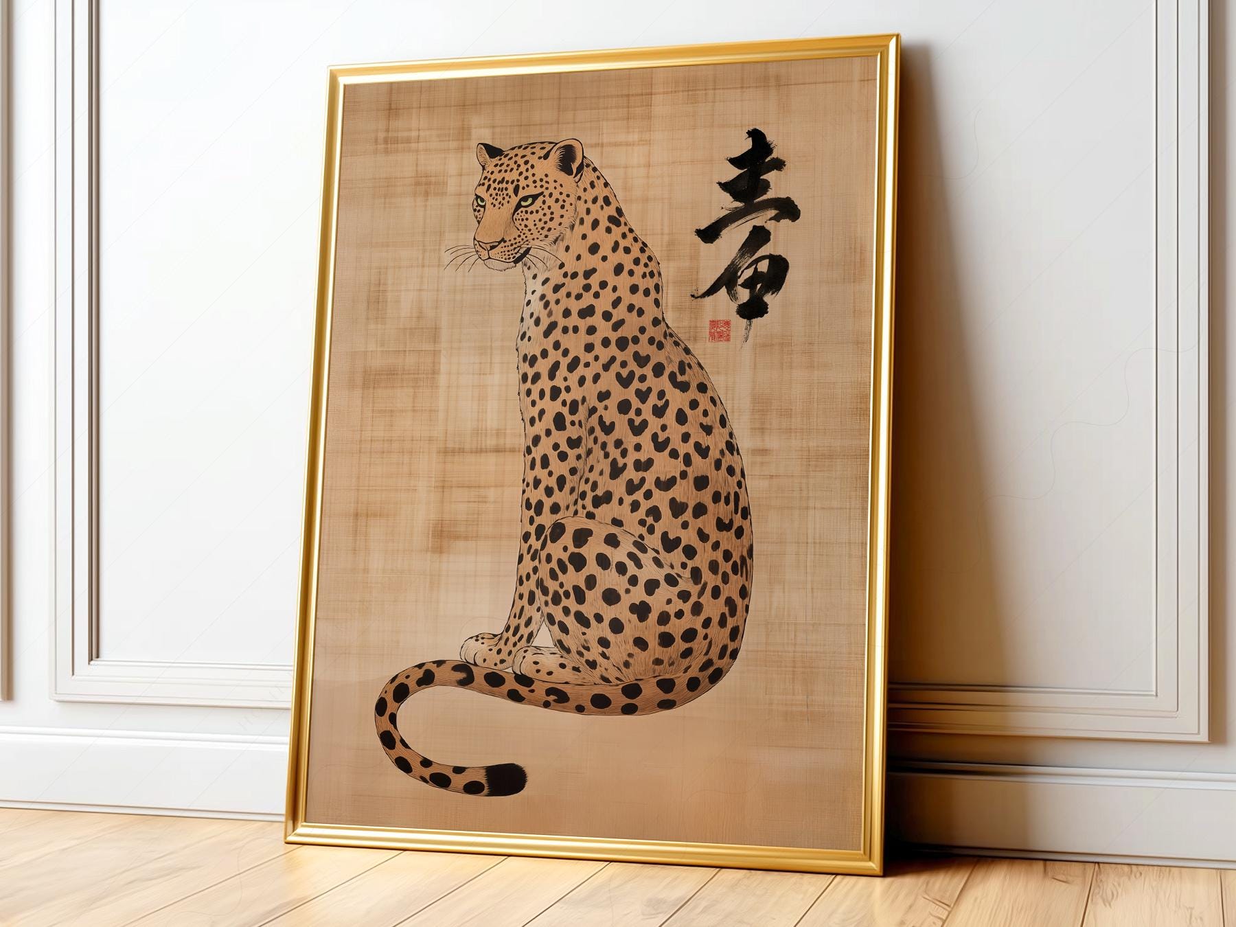 Japanese Leopard Sumi-e Art Print – Asian Ink Painting Zen Wall Decor