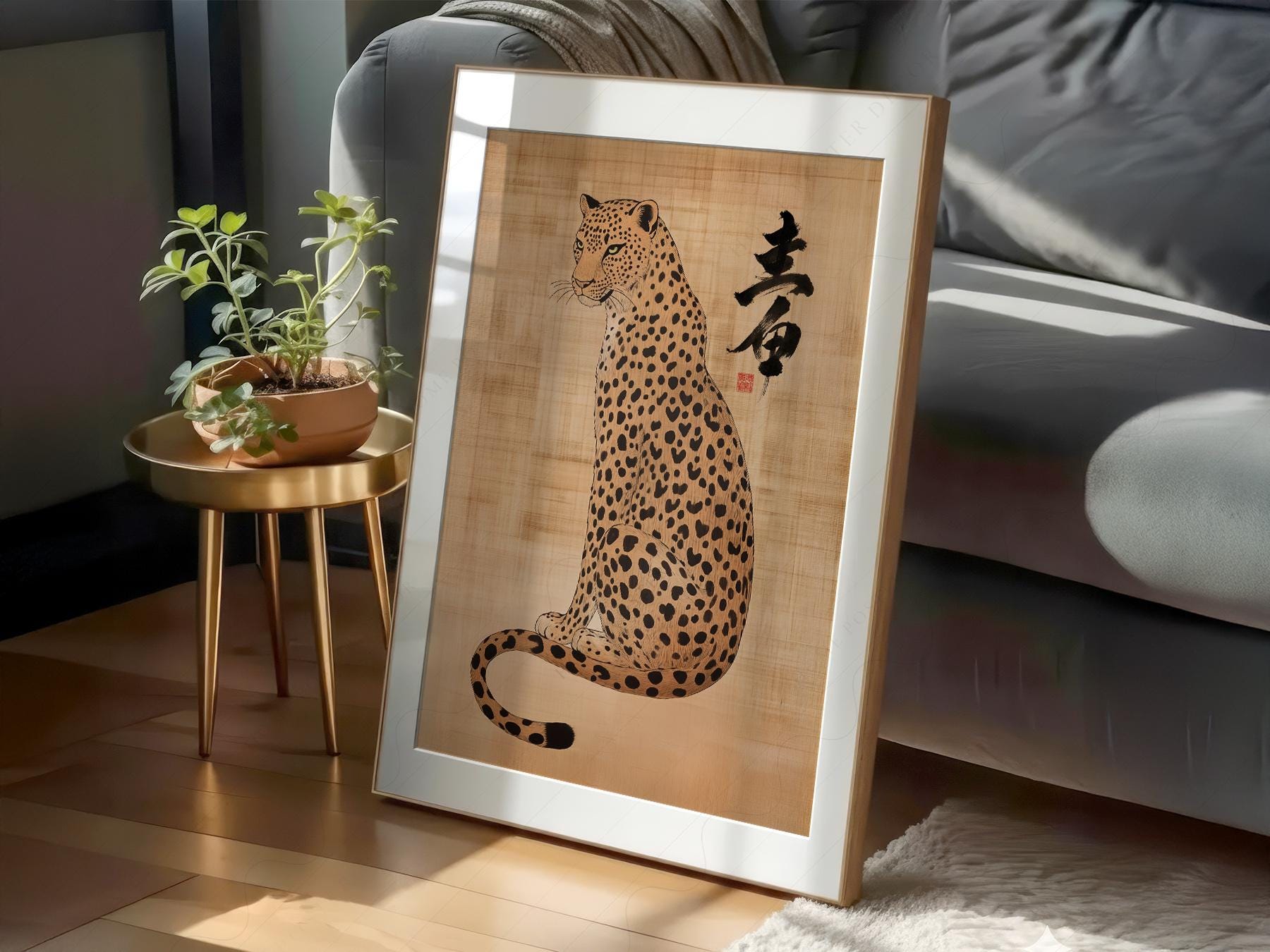 Japanese Leopard Sumi-e Art Print – Asian Ink Painting Zen Wall Decor