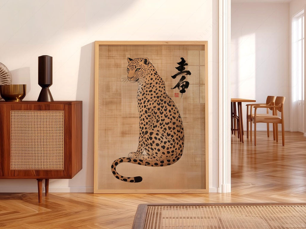 Japanese Leopard Sumi-e Art Print – Asian Ink Painting Zen Wall Decor