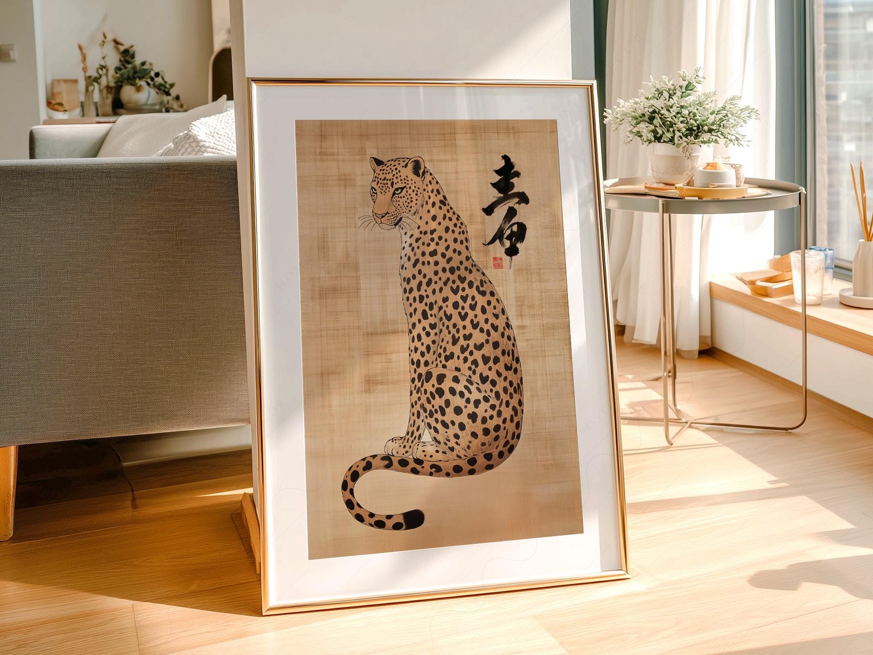 Japanese Leopard Sumi-e Art Print – Asian Ink Painting Zen Wall Decor