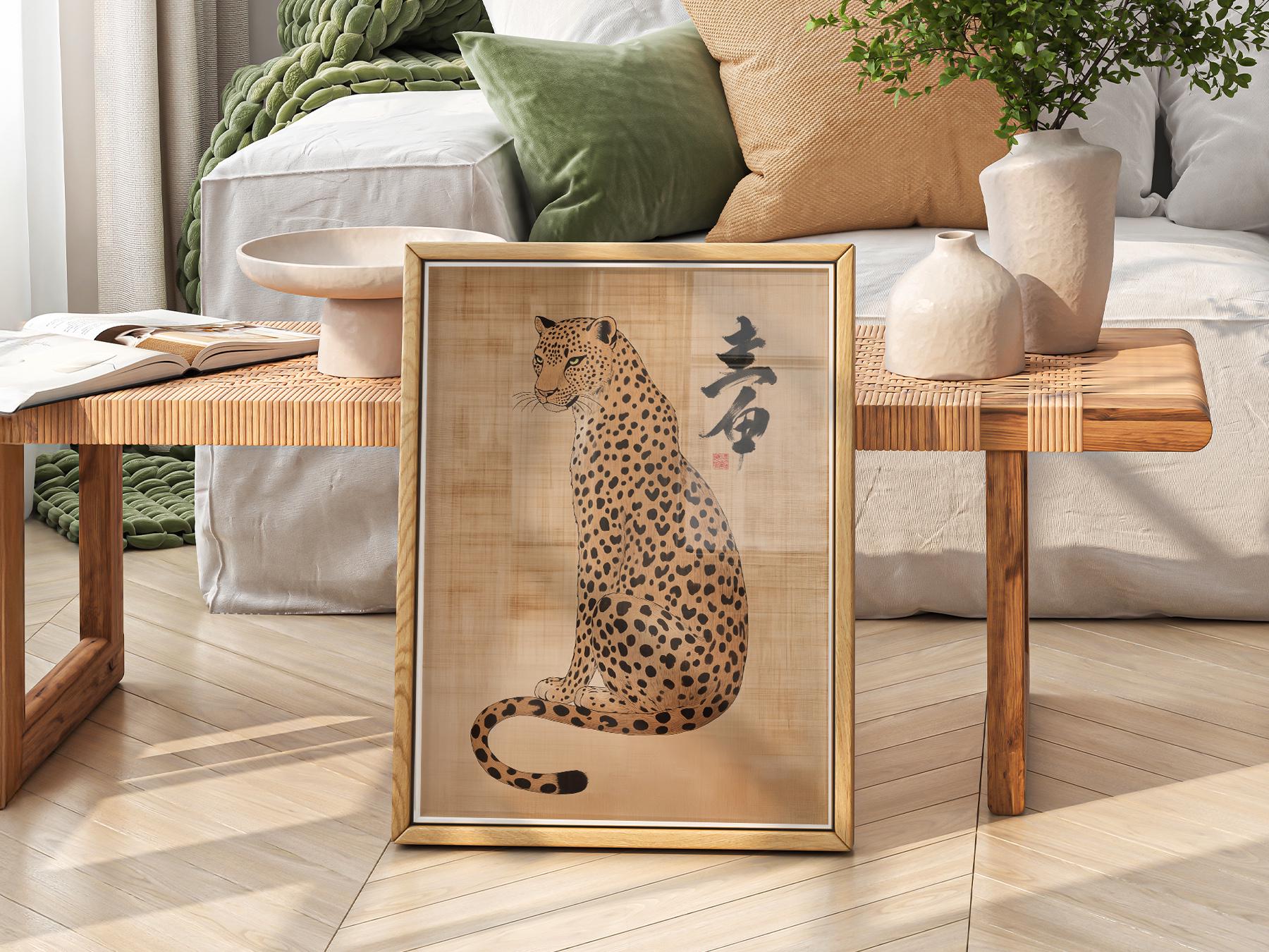Japanese Leopard Sumi-e Art Print – Asian Ink Painting Zen Wall Decor