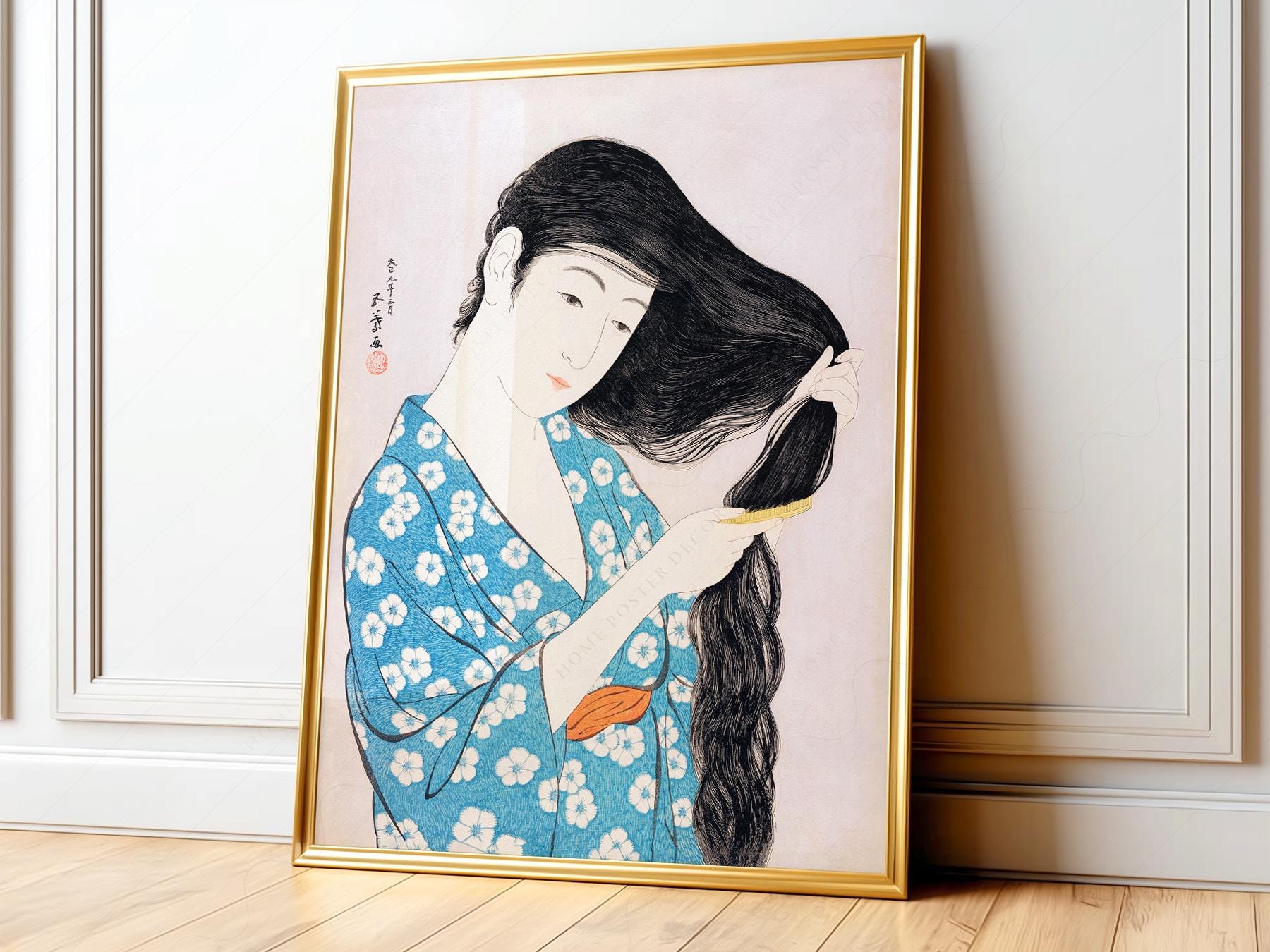 Hashiguchi Goyo Woman Combing Hair Print – Japanese Woodblock Wall Art