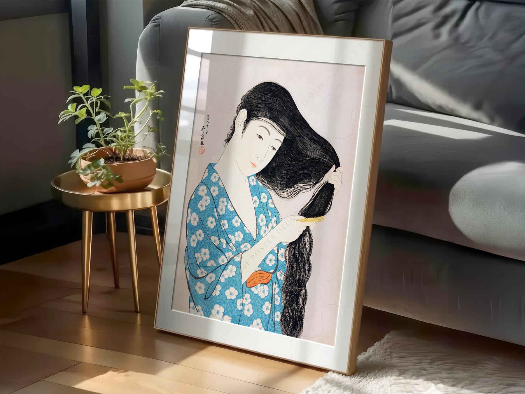 Hashiguchi Goyo Woman Combing Hair Print – Japanese Woodblock Wall Art