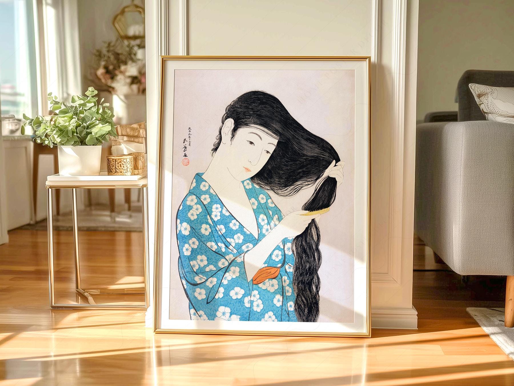 Hashiguchi Goyo Woman Combing Hair Print – Japanese Woodblock Wall Art