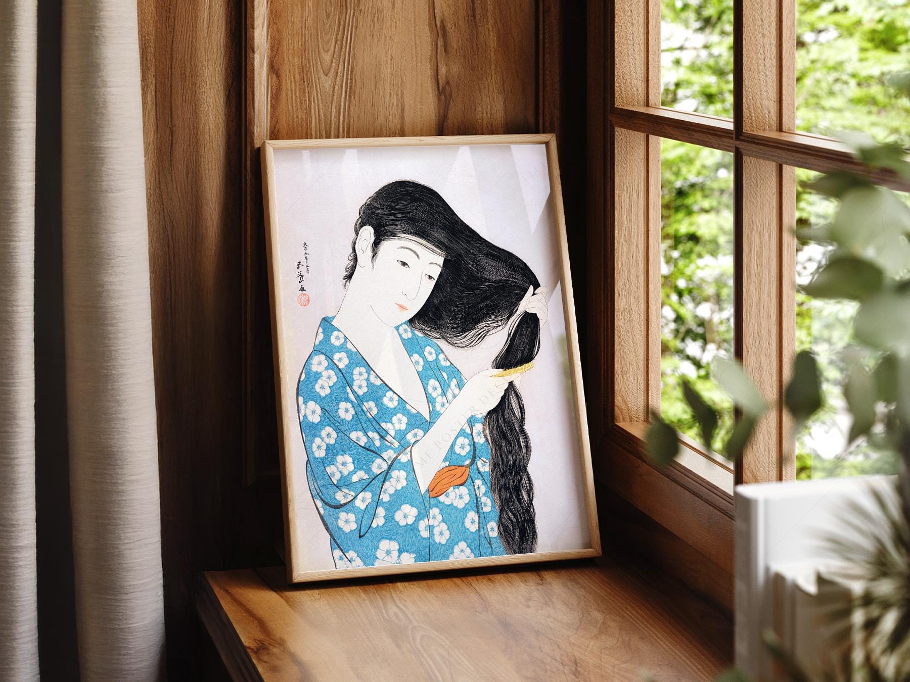 Hashiguchi Goyo Woman Combing Hair Print – Japanese Woodblock Wall Art