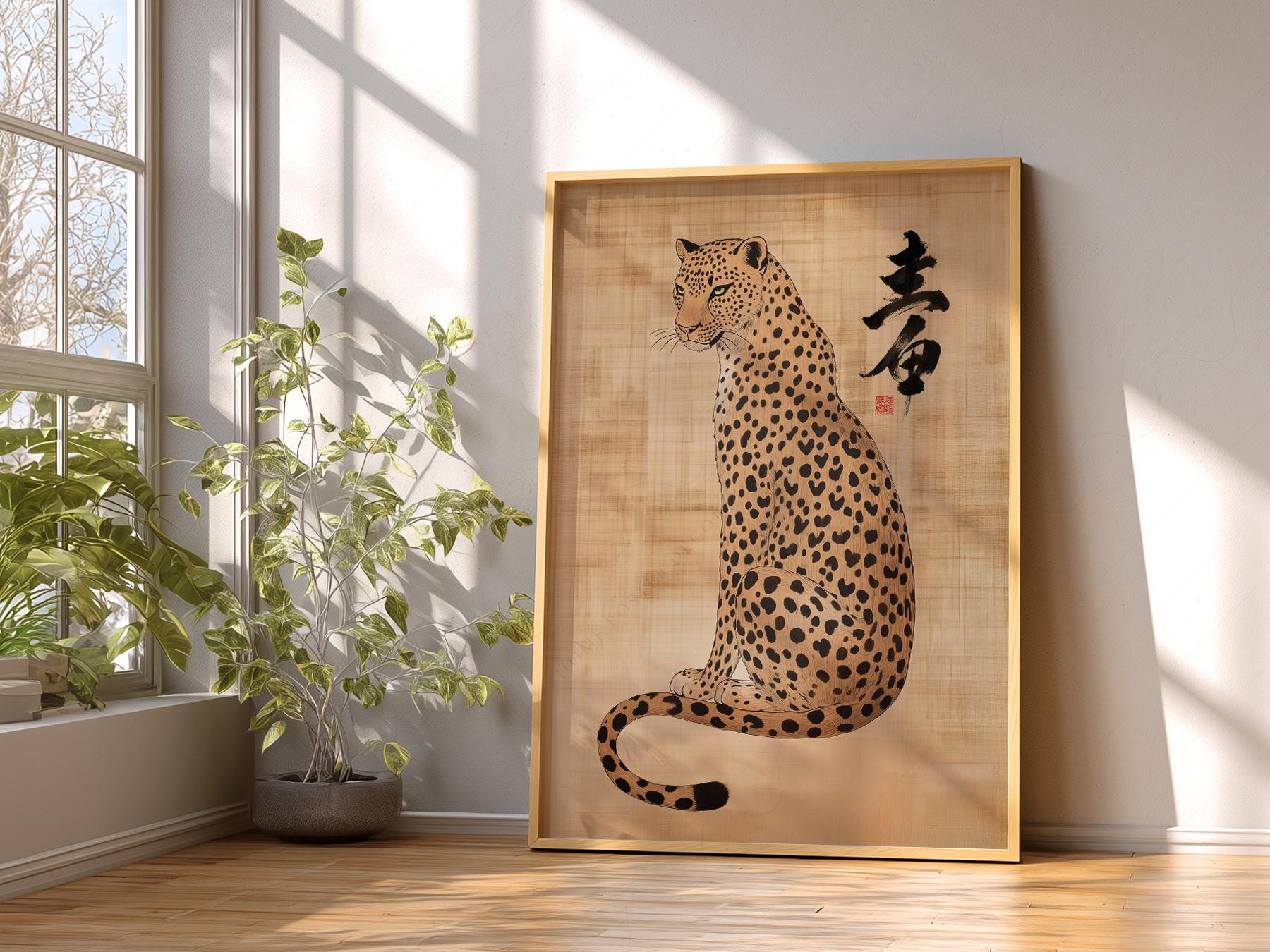 Japanese Leopard Sumi-e Art Print – Asian Ink Painting Zen Wall Decor