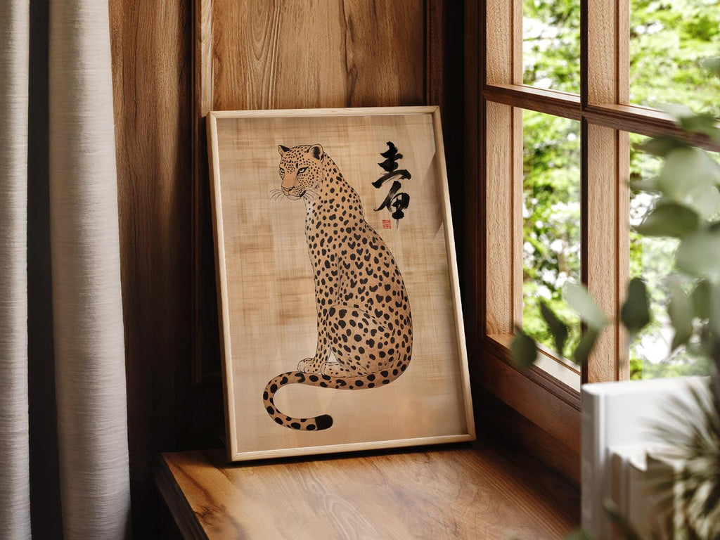 Japanese Leopard Sumi-e Art Print – Asian Ink Painting Zen Wall Decor