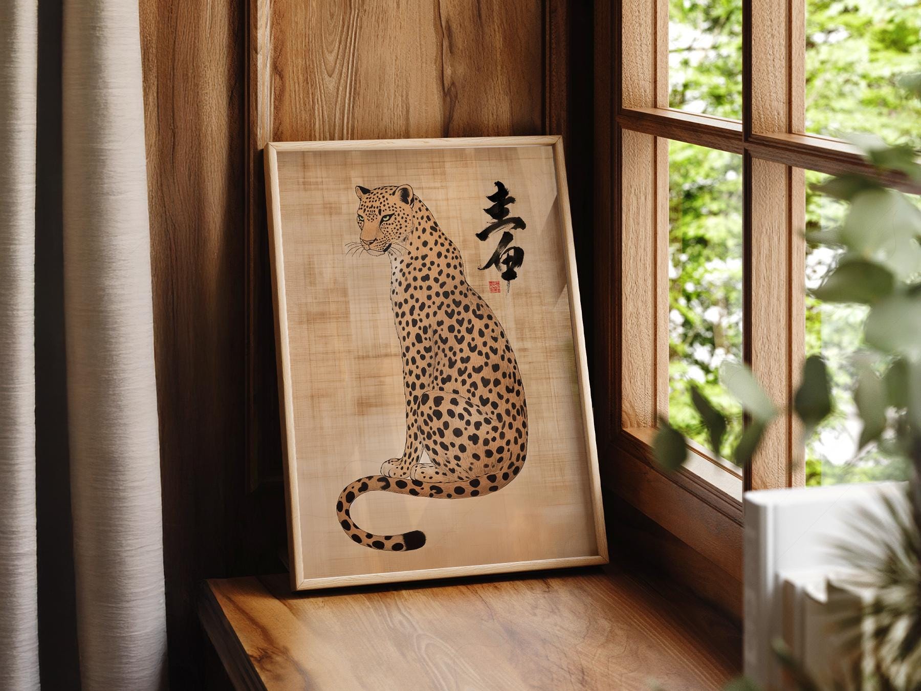 Japanese Leopard Sumi-e Art Print – Asian Ink Painting Zen Wall Decor