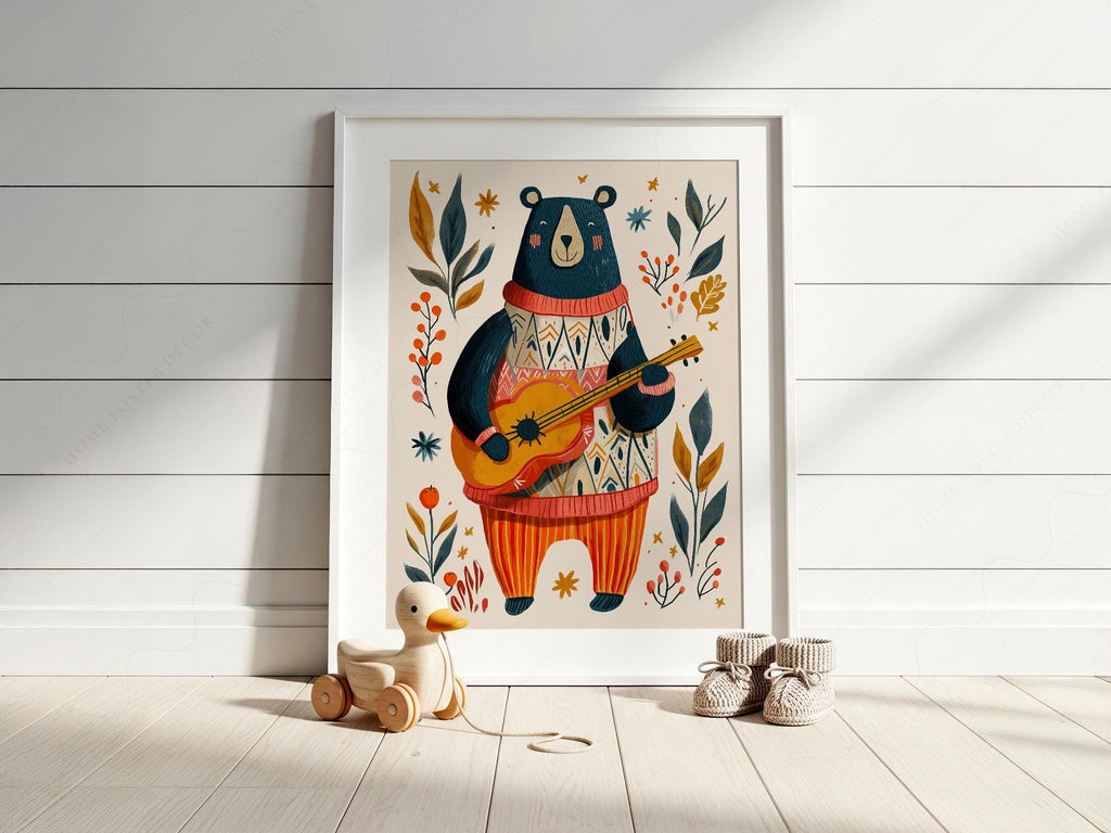 Whimsical Bear Playing Guitar Art Print – Folk Style Nursery Wall Decor