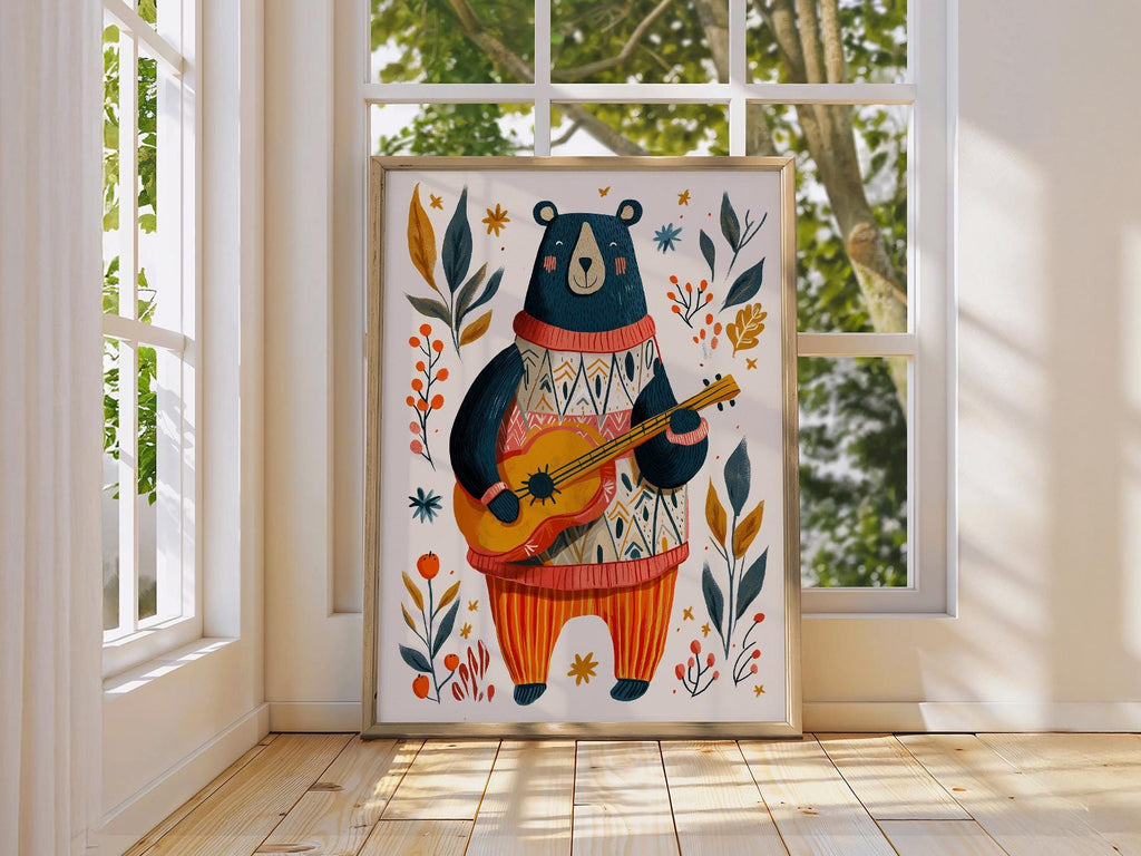 Whimsical Bear Playing Guitar Art Print – Folk Style Nursery Wall Decor