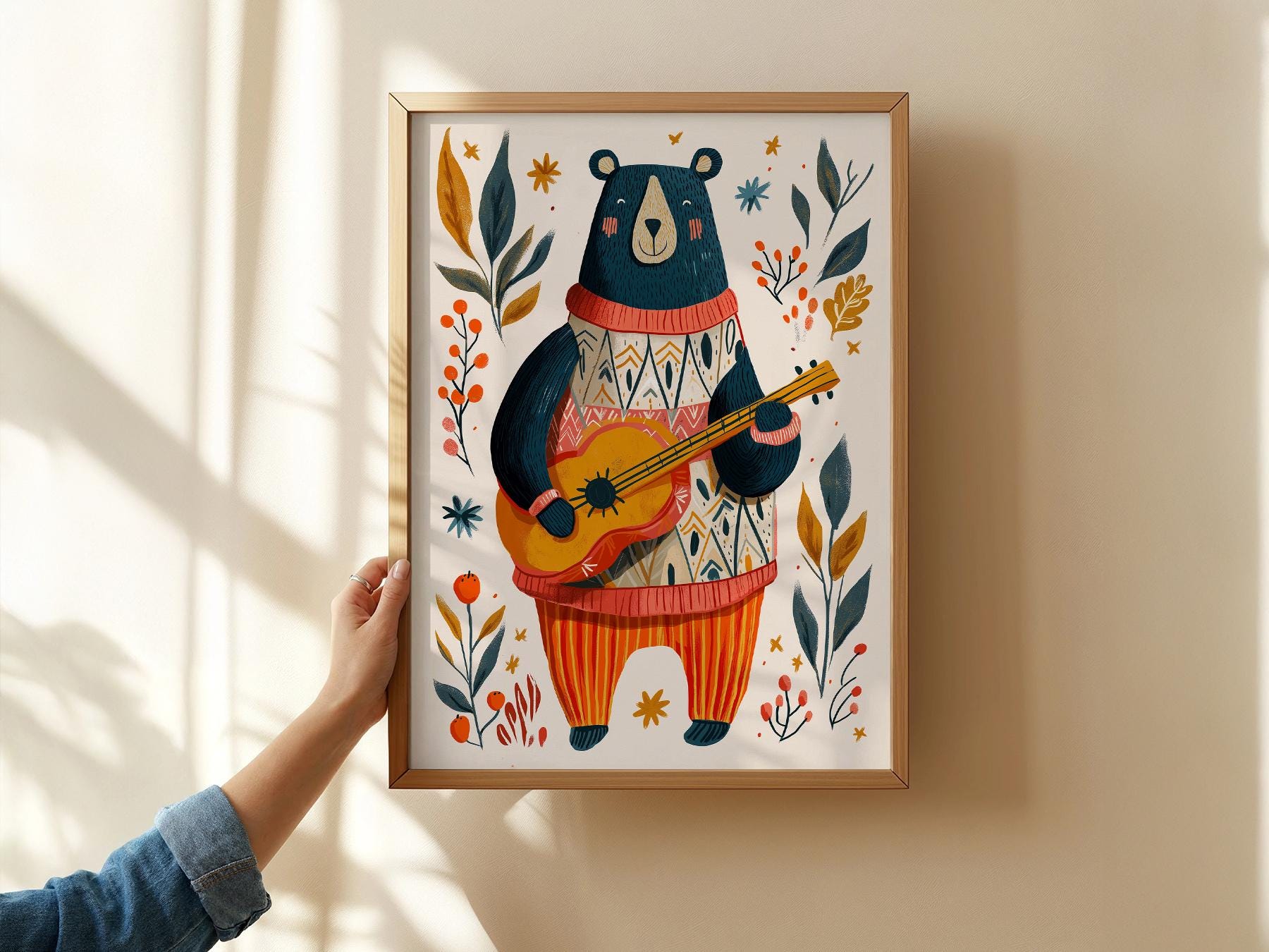 Whimsical Bear Playing Guitar Art Print – Folk Style Nursery Wall Decor