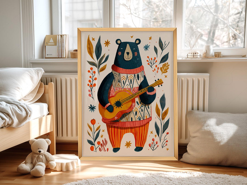 Whimsical Bear Playing Guitar Art Print – Folk Style Nursery Wall Decor