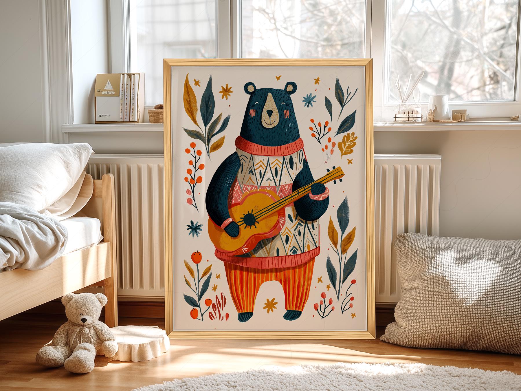 Whimsical Bear Playing Guitar Art Print – Folk Style Nursery Wall Decor