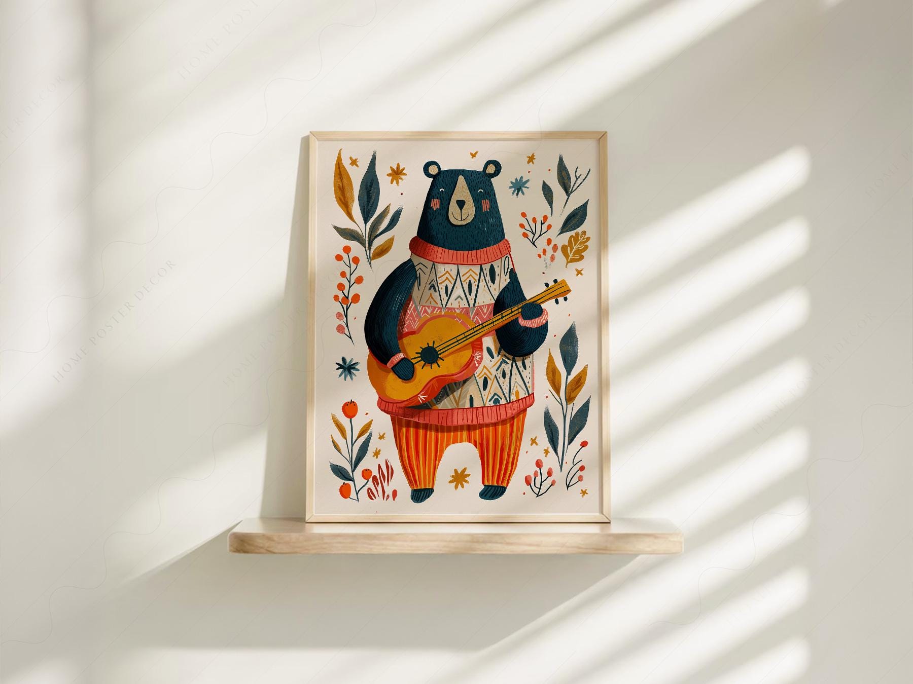 Whimsical Bear Playing Guitar Art Print – Folk Style Nursery Wall Decor