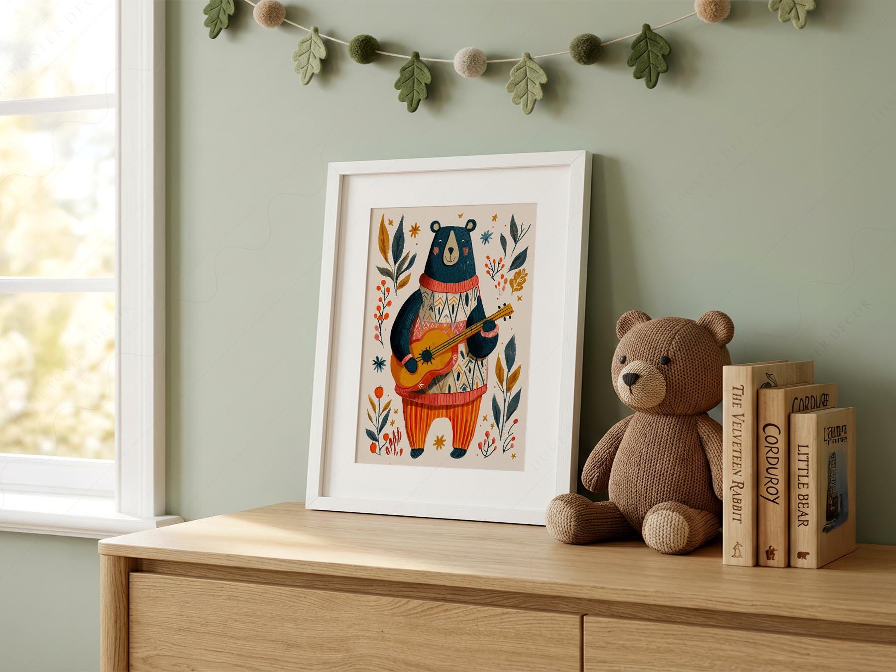 Whimsical Bear Playing Guitar Art Print – Folk Style Nursery Wall Decor
