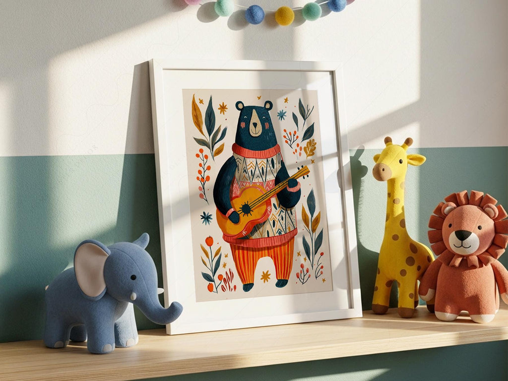 Whimsical Bear Playing Guitar Art Print – Folk Style Nursery Wall Decor