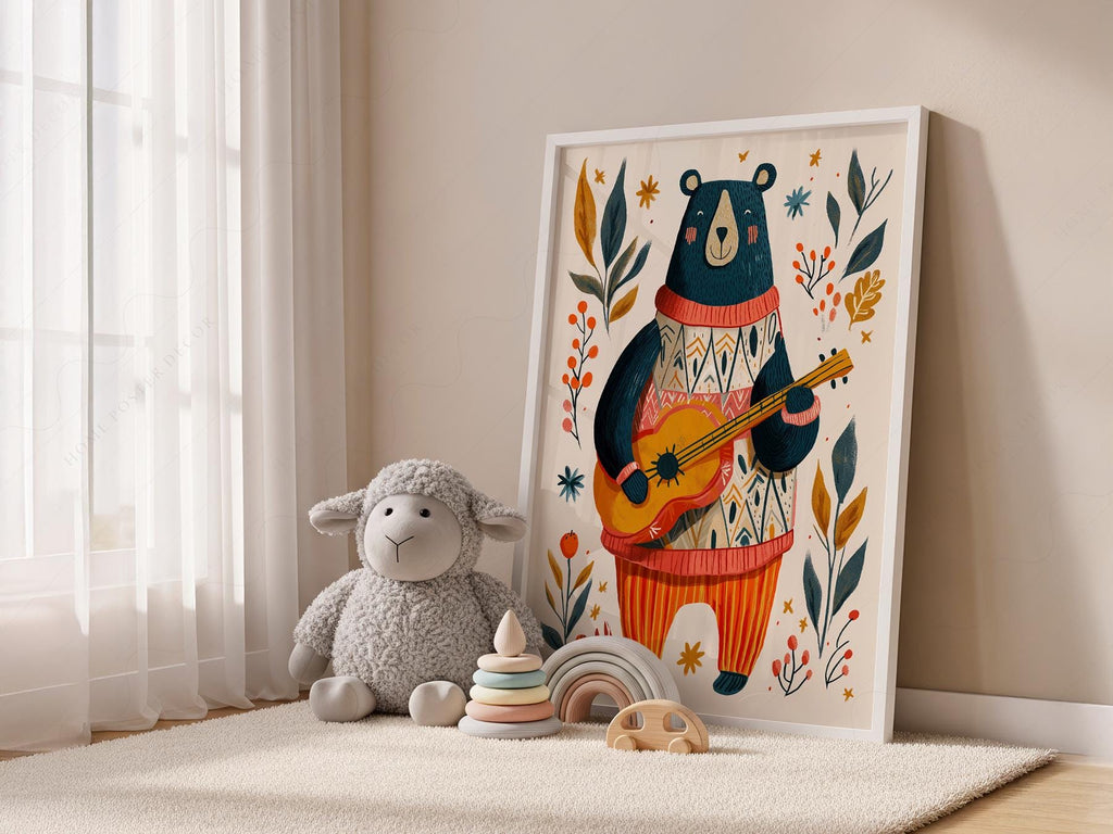 Whimsical Bear Playing Guitar Art Print – Folk Style Nursery Wall Decor