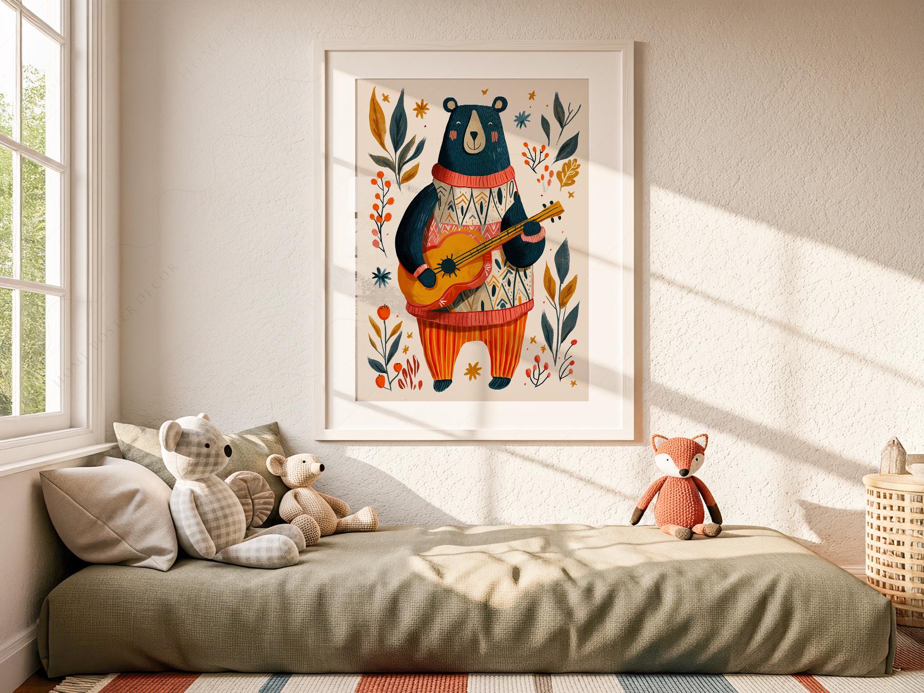 Whimsical Bear Playing Guitar Art Print – Folk Style Nursery Wall Decor