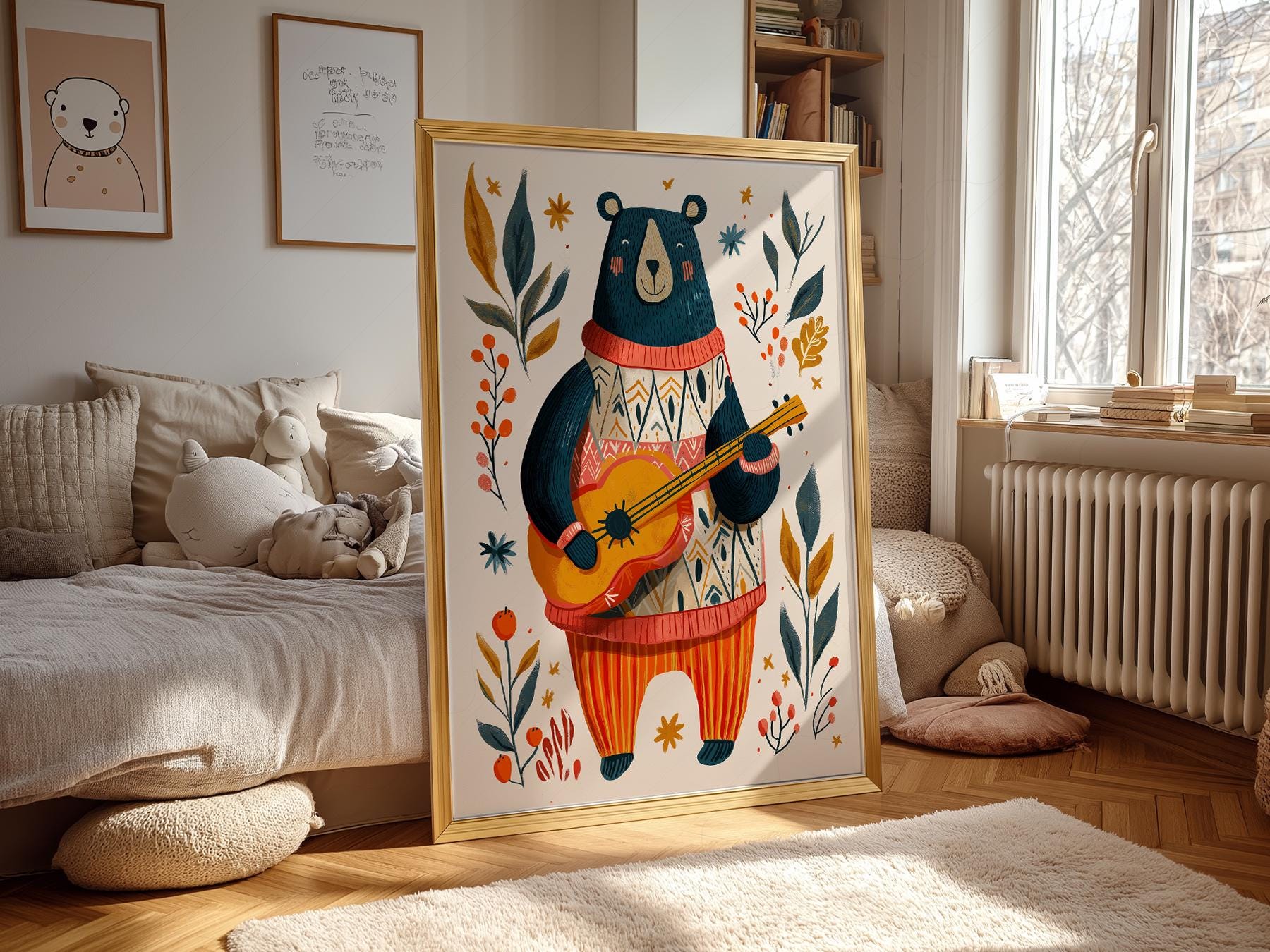 Whimsical Bear Playing Guitar Art Print – Folk Style Nursery Wall Decor