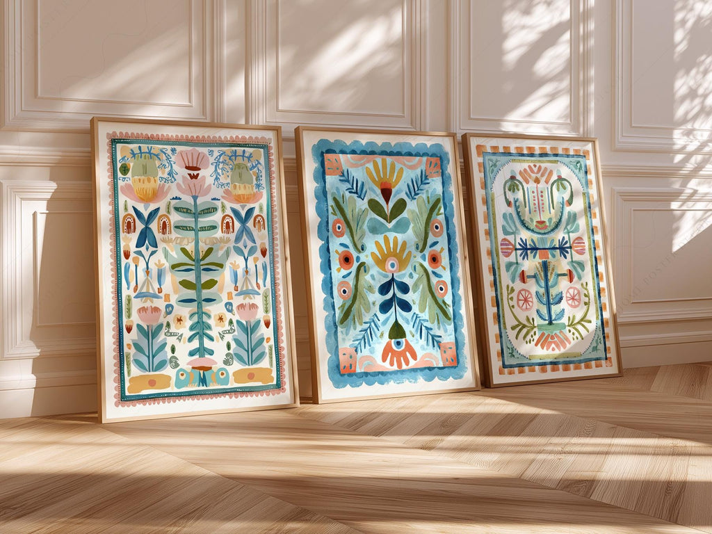 Boho Floral Tapestry Art Print Set of 3 – Maximalist Folk Wall Decor