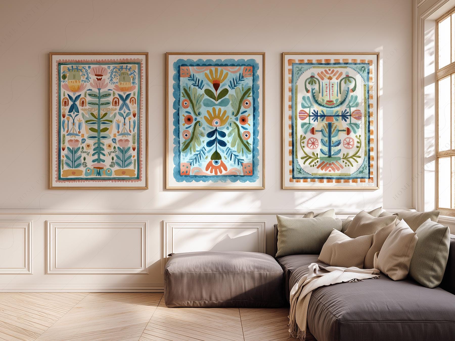 Boho Floral Tapestry Art Print Set of 3 – Maximalist Folk Wall Decor