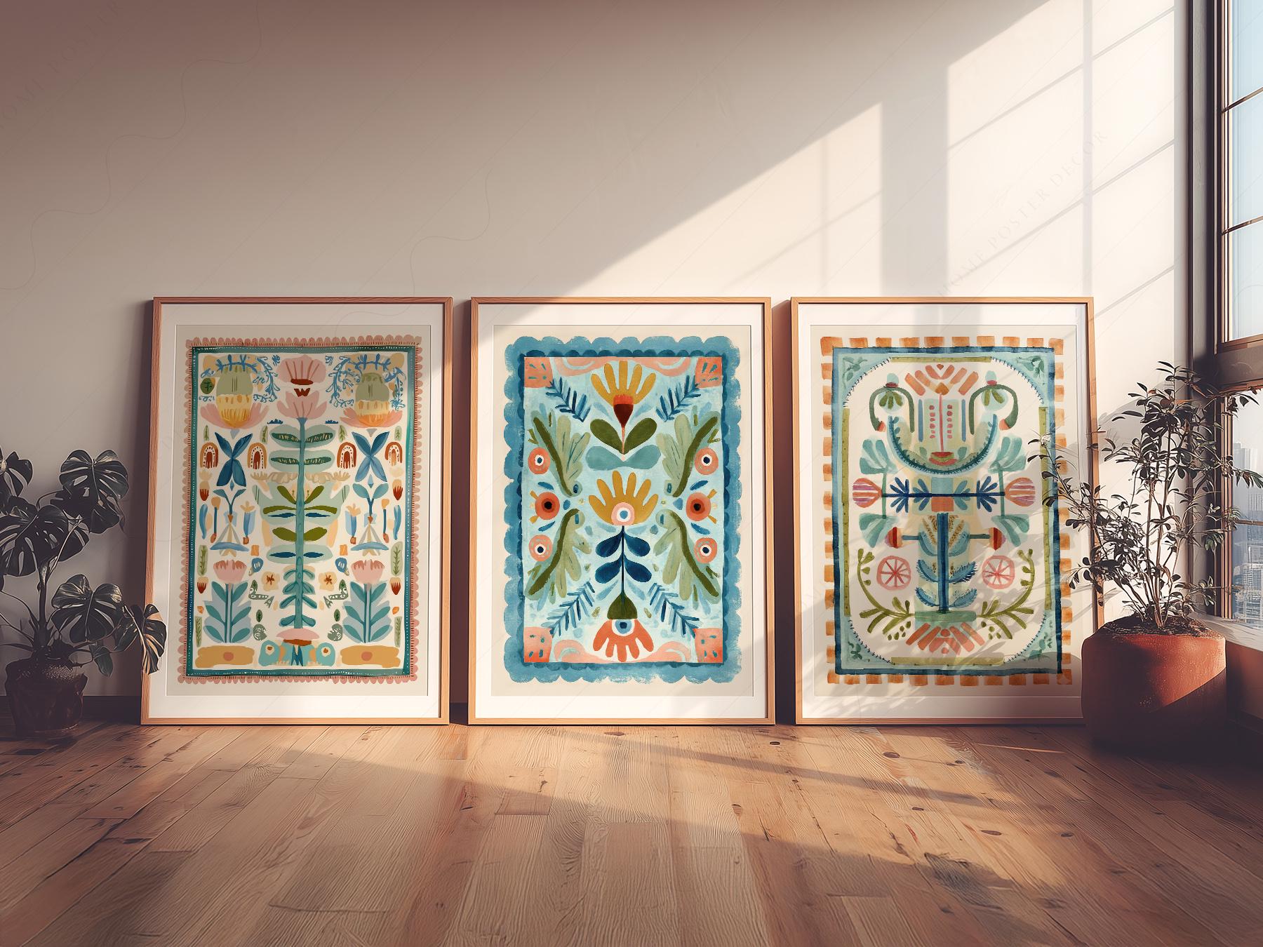 Boho Floral Tapestry Art Print Set of 3 – Maximalist Folk Wall Decor