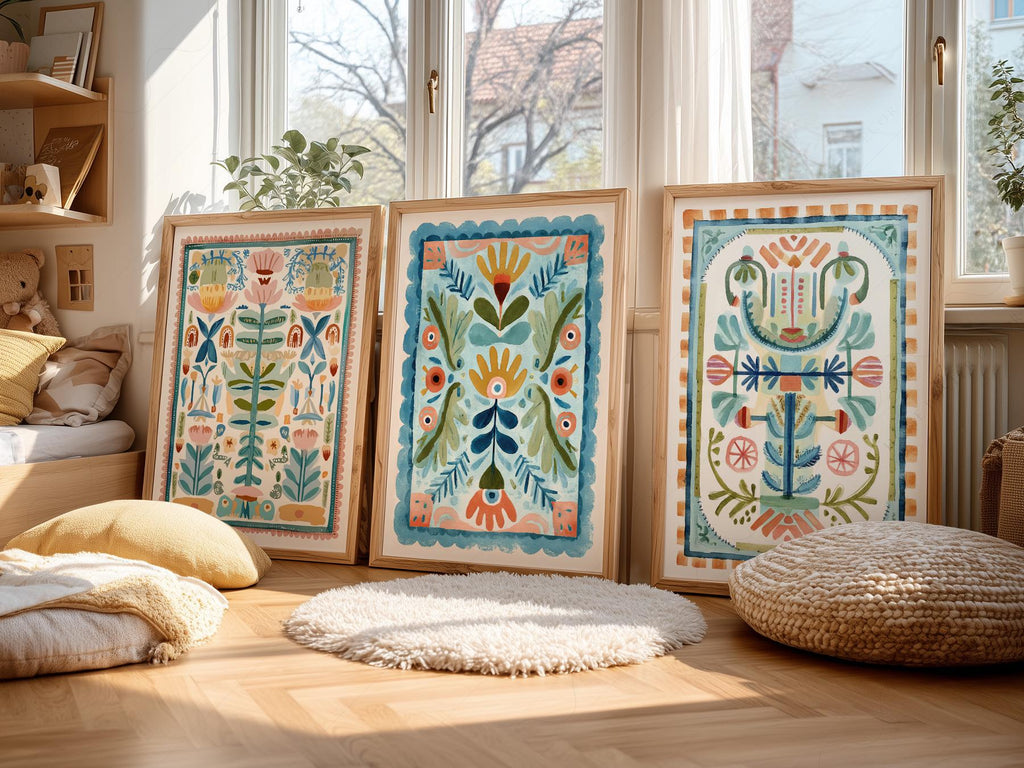 Boho Floral Tapestry Art Print Set of 3 – Maximalist Folk Wall Decor